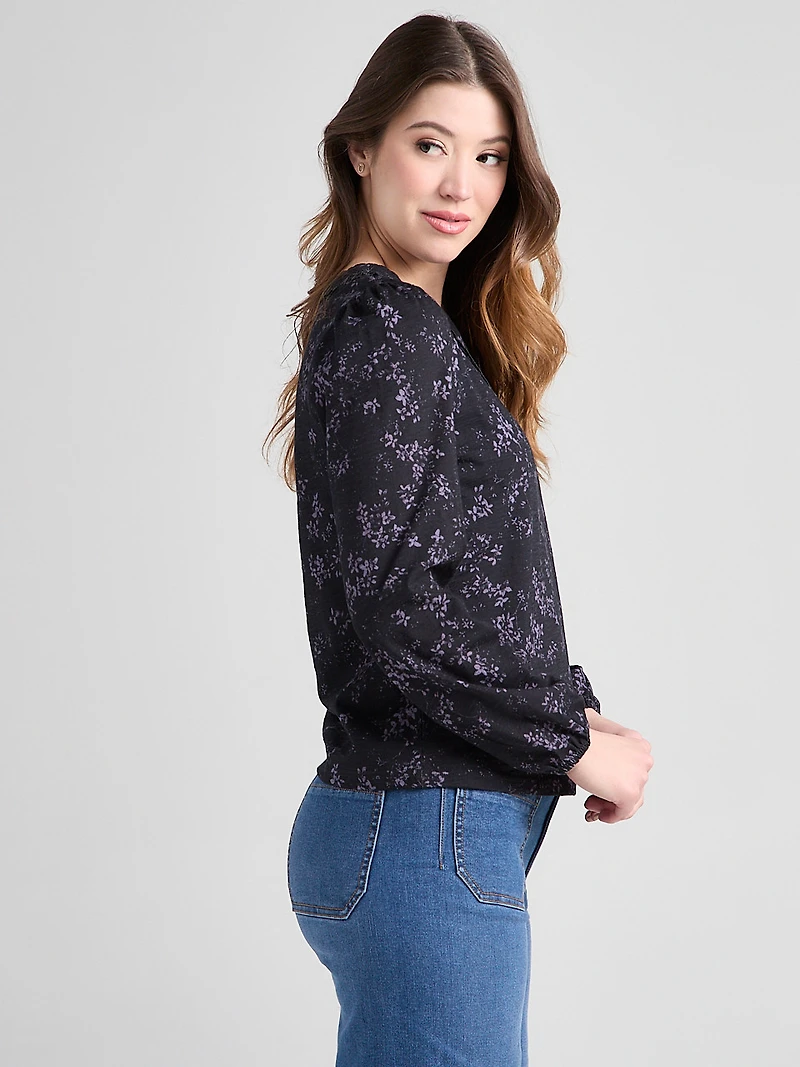 Long Sleeve V-Neck T-Shirt Black Ditsy