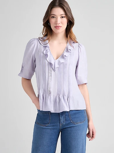 Short Puff Sleeve Ruffled Blouse Lilac