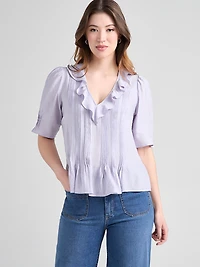 Short Puff Sleeve Ruffled Blouse Lilac