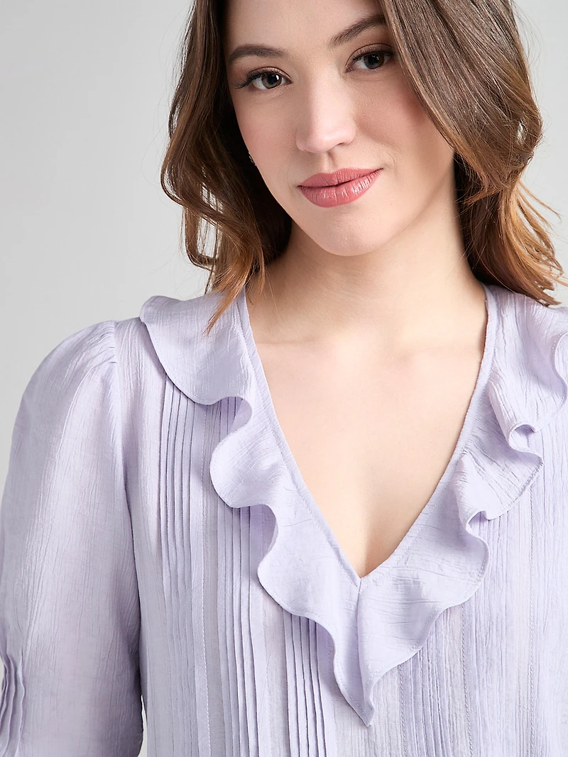 Short Puff Sleeve Ruffled Blouse Lilac