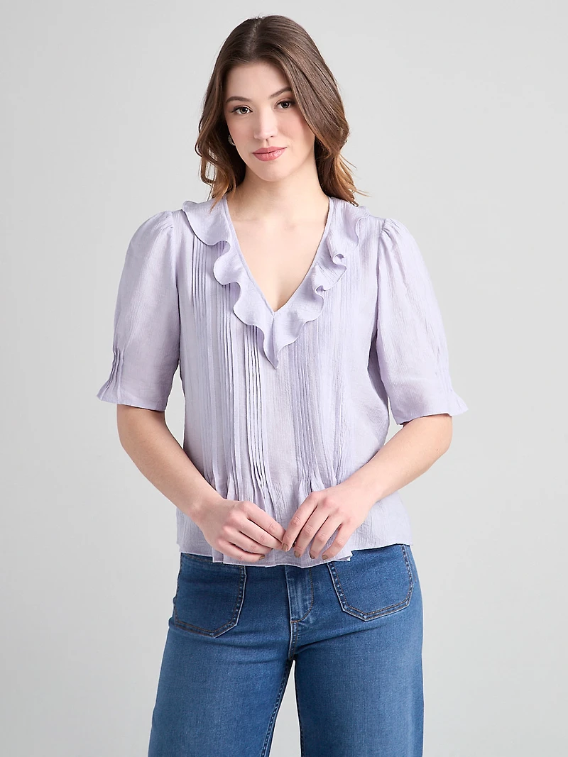 Short Puff Sleeve Ruffled Blouse Lilac