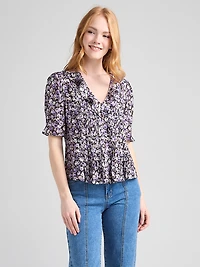 Short Puff Sleeve Ruffled Blouse Purple Ditsy