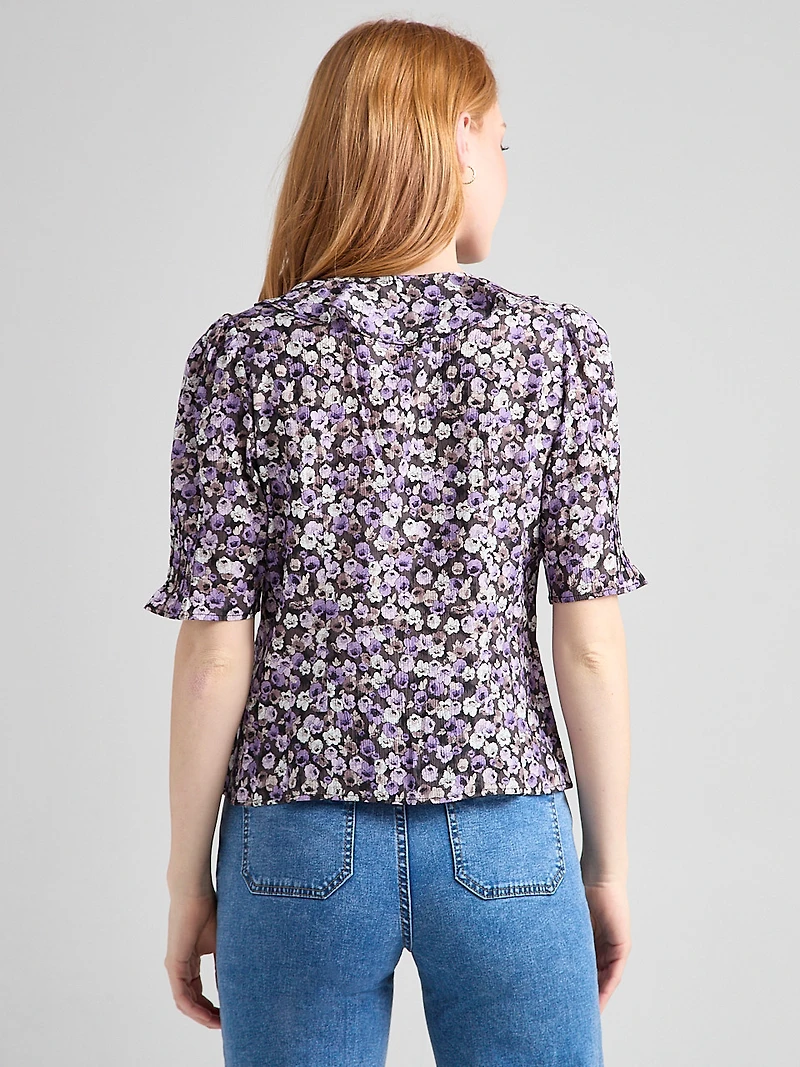 Short Puff Sleeve Ruffled Blouse Purple Ditsy