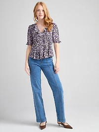 Short Puff Sleeve Ruffled Blouse Purple Ditsy