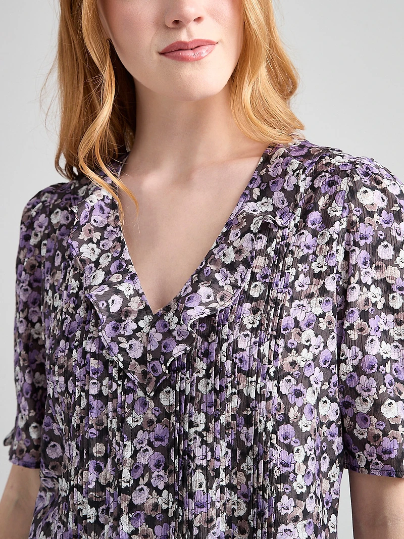 Short Puff Sleeve Ruffled Blouse Purple Ditsy