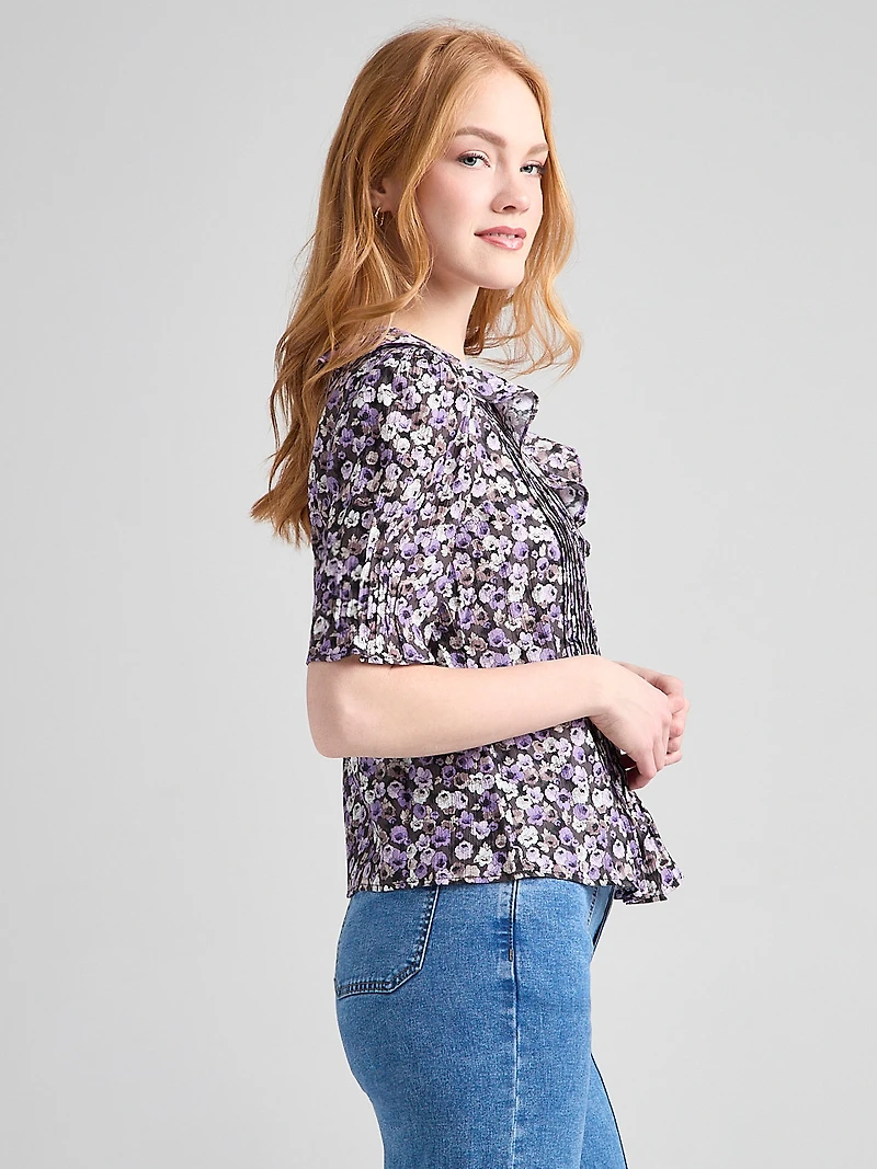 Short Puff Sleeve Ruffled Blouse Purple Ditsy