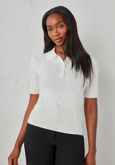 Short Sleeve Collared Polo Sweater Ivory