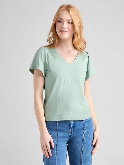 Short Sleeve V-Neck Embroidered Top Green Mist