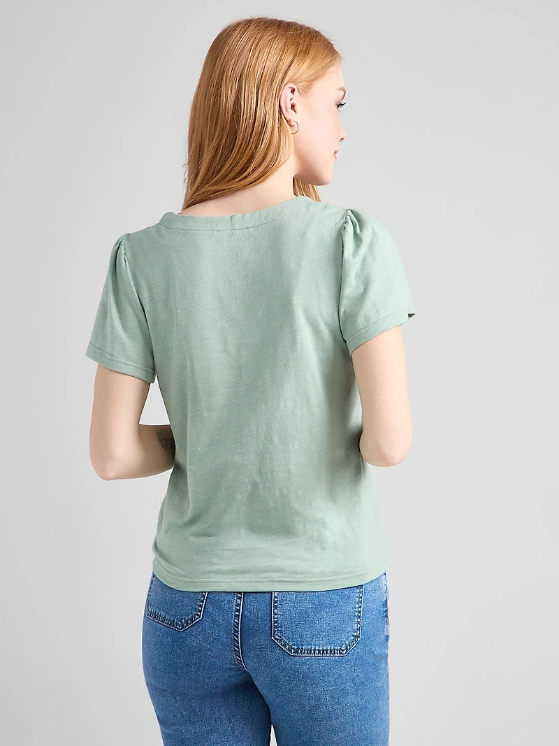 Short Sleeve V-Neck Embroidered Top Green Mist