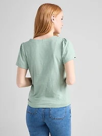 Short Sleeve V-Neck Embroidered Top Green Mist