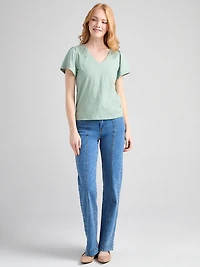 Short Sleeve V-Neck Embroidered Top Green Mist
