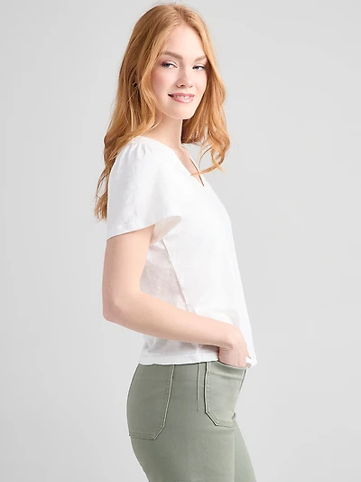 Short Sleeve V-Neck Embroidered Top Ivory