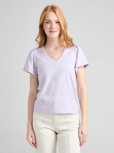 Short Sleeve V-Neck Embroidered Top Lilac