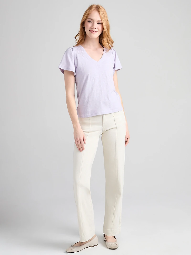 Short Sleeve V-Neck Embroidered Top Lilac