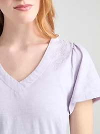 Short Sleeve V-Neck Embroidered Top Lilac