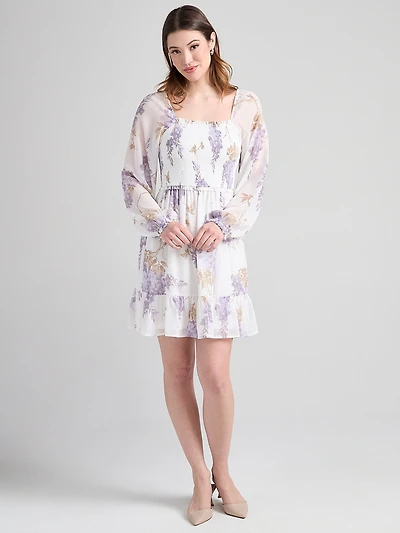 Smocked Bodice Long Sleeve Mini Dress Wisteria