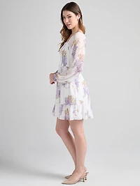 Smocked Bodice Long Sleeve Mini Dress Wisteria