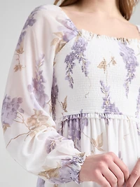 Smocked Bodice Long Sleeve Mini Dress Wisteria