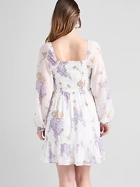 Smocked Bodice Long Sleeve Mini Dress Wisteria
