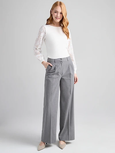 Super High Rise Pleated Wide Pant Grey Crosshatch