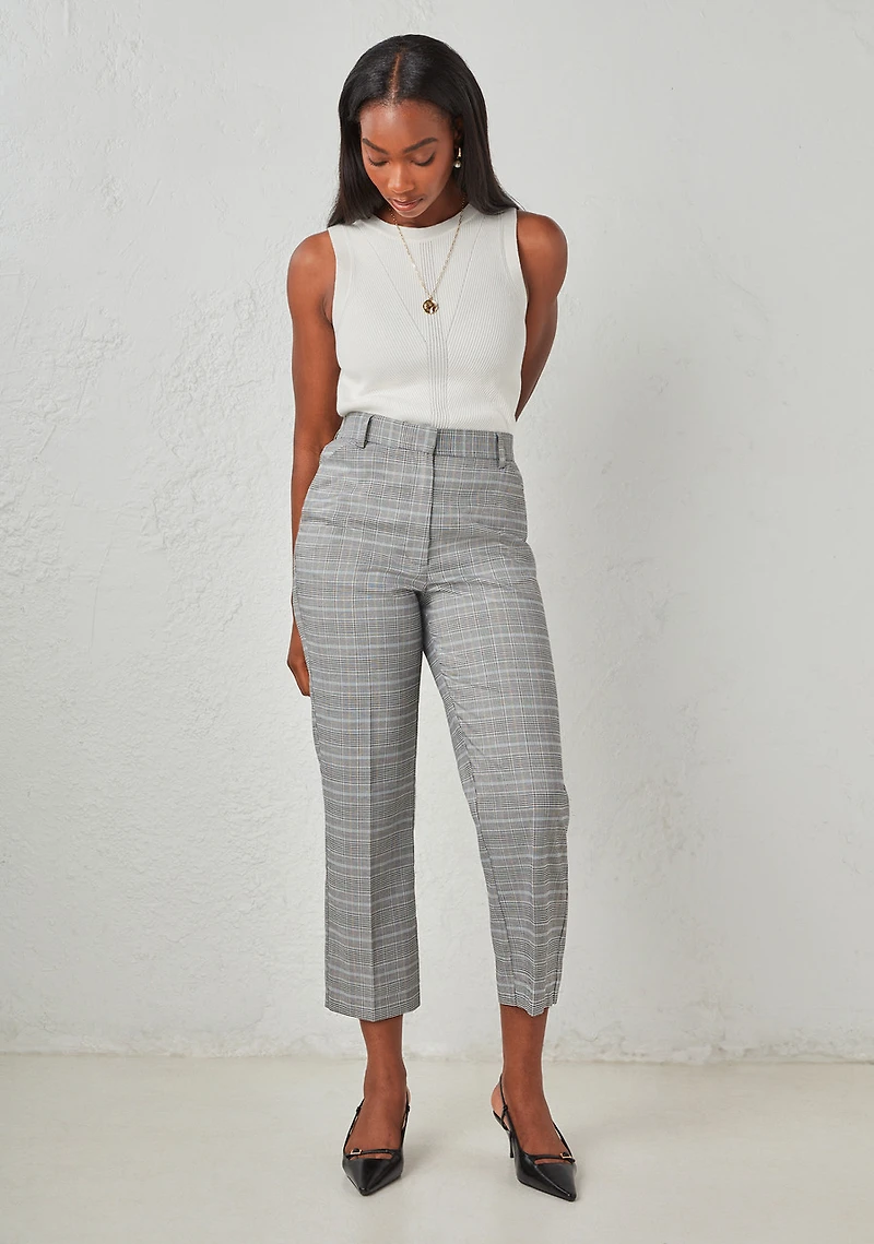 Tailored Relaxed Fit Straight Crop Pant Grey Plaid