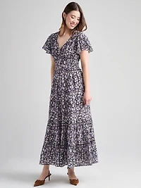 V-Neck Flutter Sleeve Maxi Dress Purple Ditsy