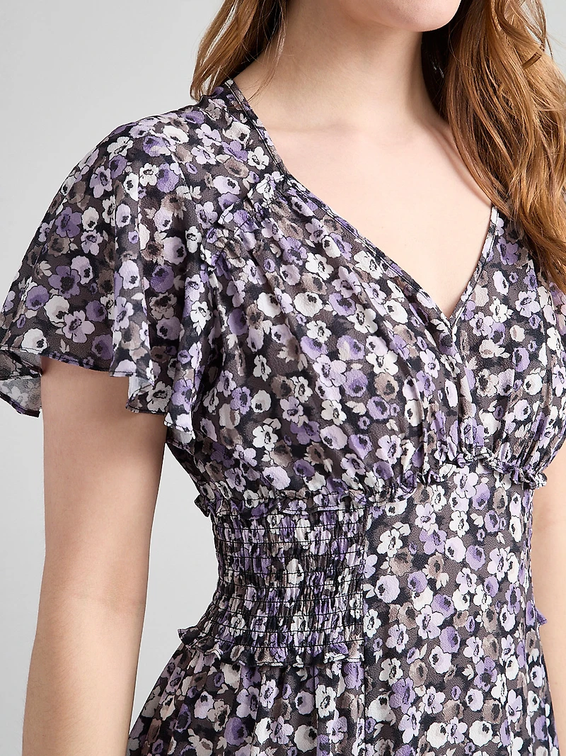 V-Neck Flutter Sleeve Maxi Dress Purple Ditsy