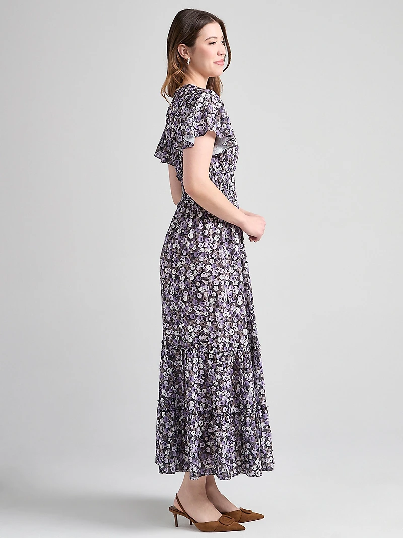V-Neck Flutter Sleeve Maxi Dress Purple Ditsy