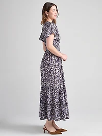 V-Neck Flutter Sleeve Maxi Dress Purple Ditsy