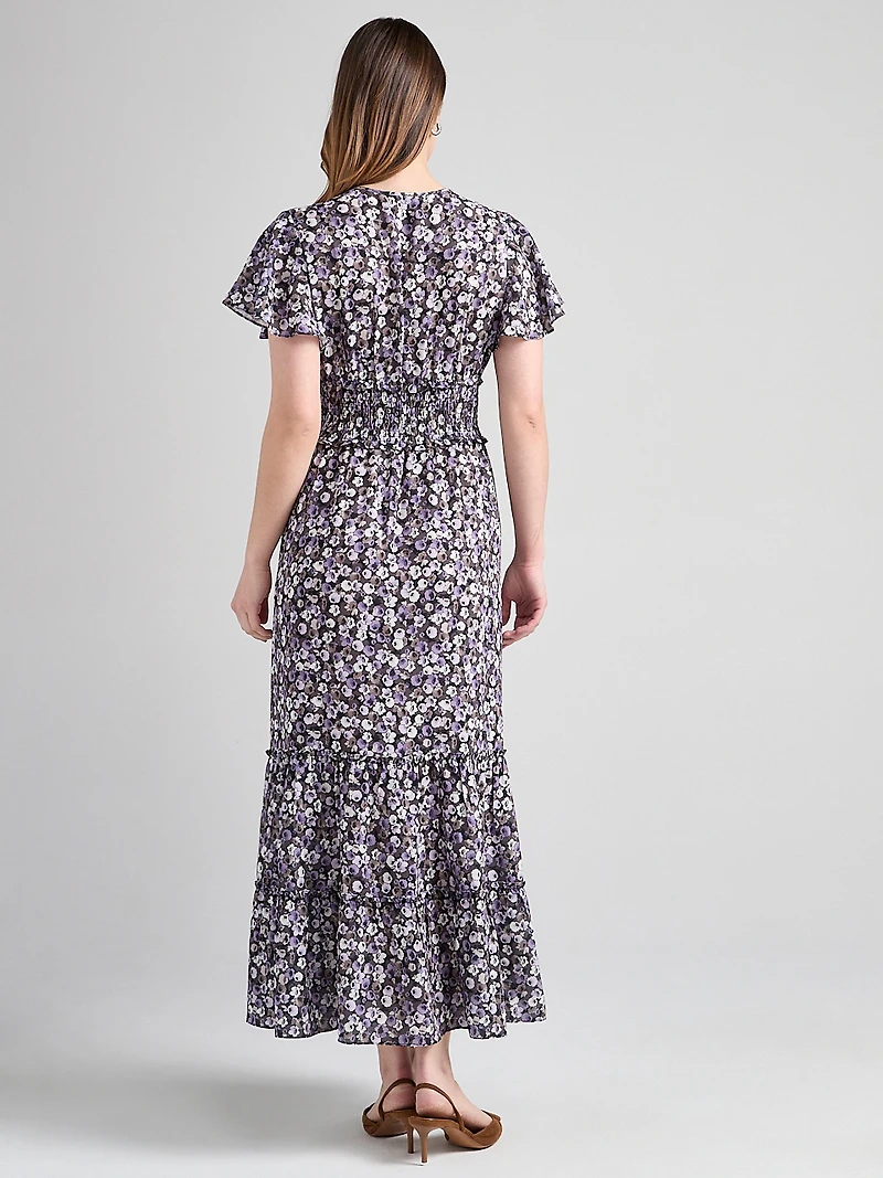 V-Neck Flutter Sleeve Maxi Dress Purple Ditsy