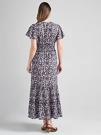 V-Neck Flutter Sleeve Maxi Dress Purple Ditsy