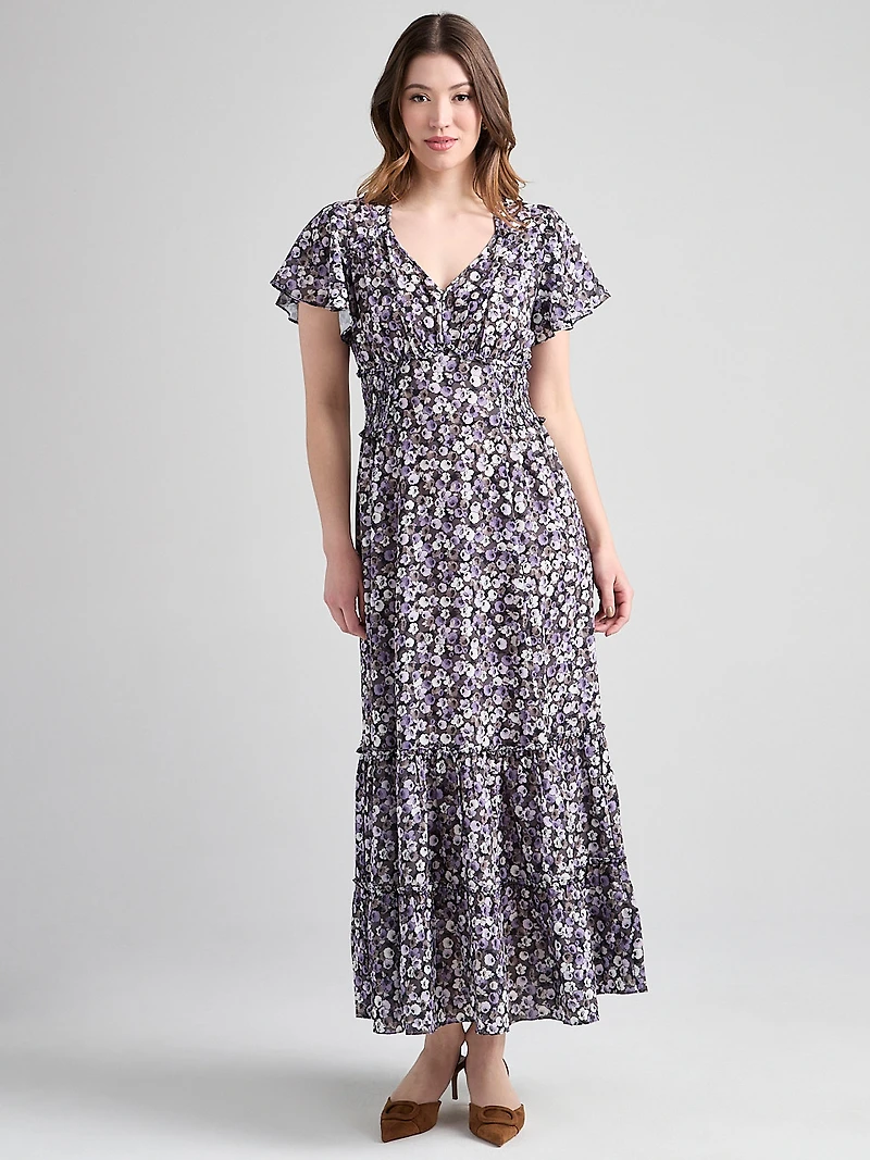V-Neck Flutter Sleeve Maxi Dress Purple Ditsy