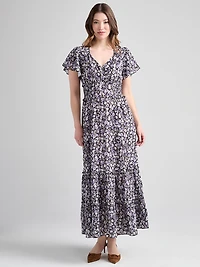 V-Neck Flutter Sleeve Maxi Dress Purple Ditsy