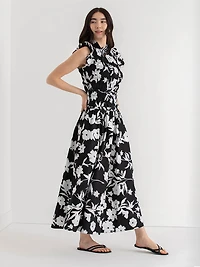 Sleeveless Poplin Smocked Top Black and White Floral