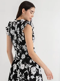 Sleeveless Poplin Smocked Top Black and White Floral