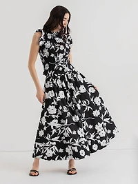 Sleeveless Poplin Smocked Top Black and White Floral