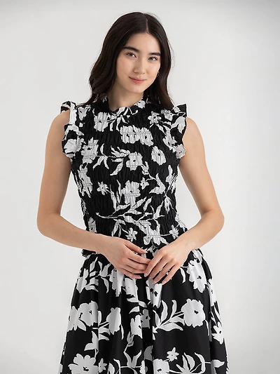 Sleeveless Poplin Smocked Top Black and White Floral