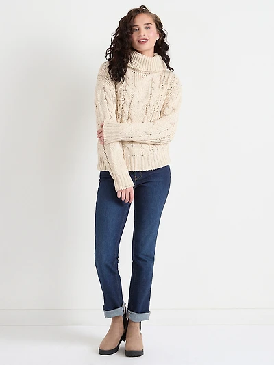 Relaxed Cowl Neck Cable Knit Sweater Birch