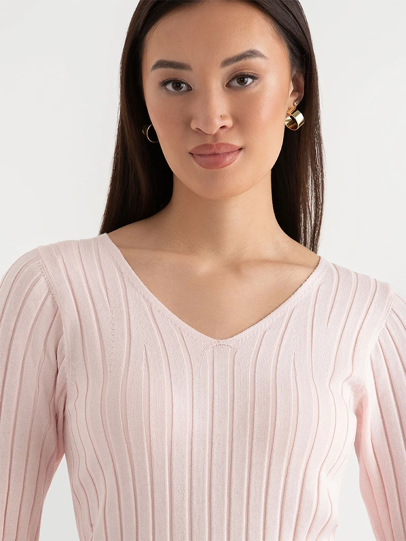 V-Neck Ribbed Sweater Barely Pink