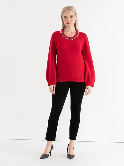 Jewel Necklace Pullover Sweater Goji Berry