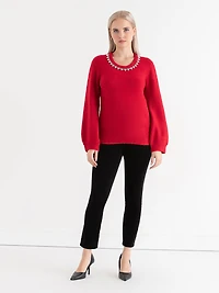 Jewel Necklace Pullover Sweater Goji Berry