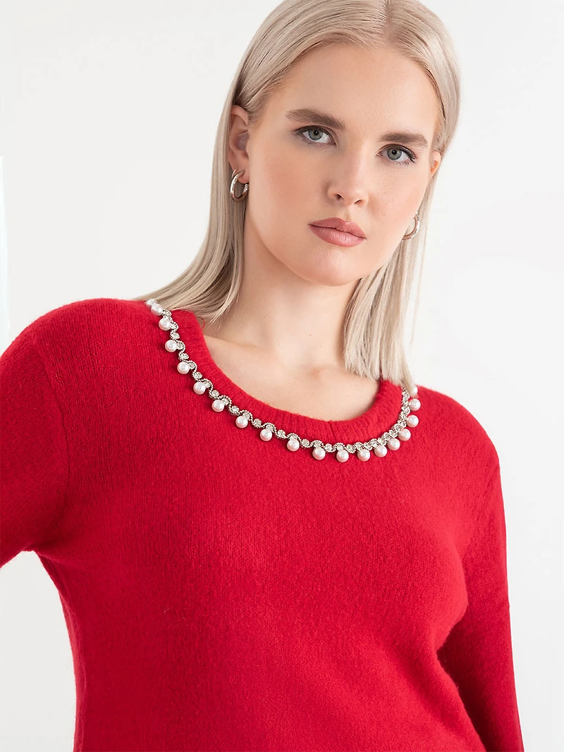 Jewel Necklace Pullover Sweater Goji Berry
