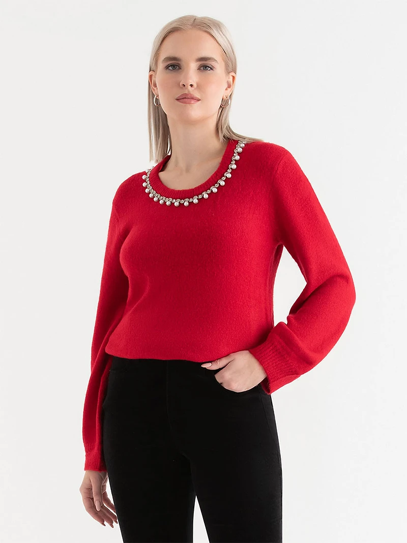 Jewel Necklace Pullover Sweater Goji Berry