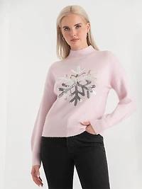 Mock Neck Balloon Sleeve Sweater Lilac Sequin Snowflake