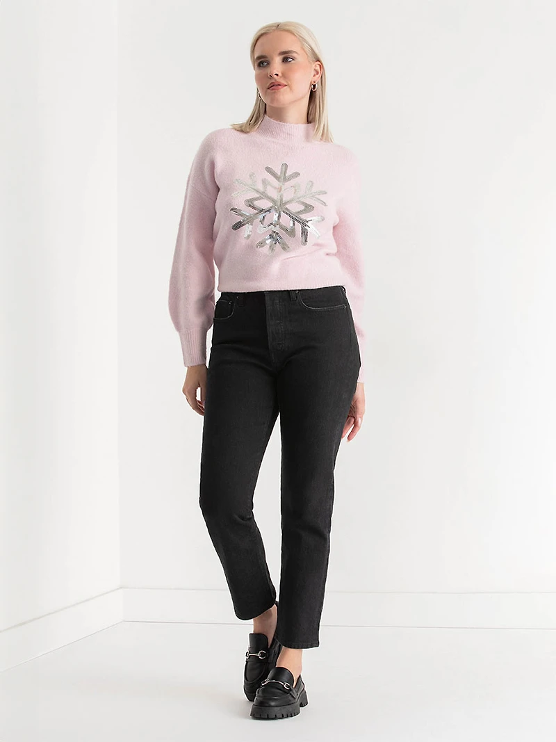 Mock Neck Balloon Sleeve Sweater Lilac Sequin Snowflake
