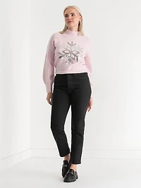 Mock Neck Balloon Sleeve Sweater Lilac Sequin Snowflake
