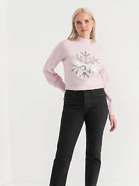 Mock Neck Balloon Sleeve Sweater Lilac Sequin Snowflake