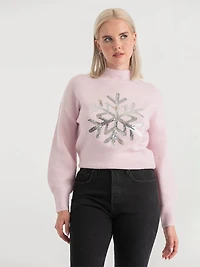 Mock Neck Balloon Sleeve Sweater Lilac Sequin Snowflake