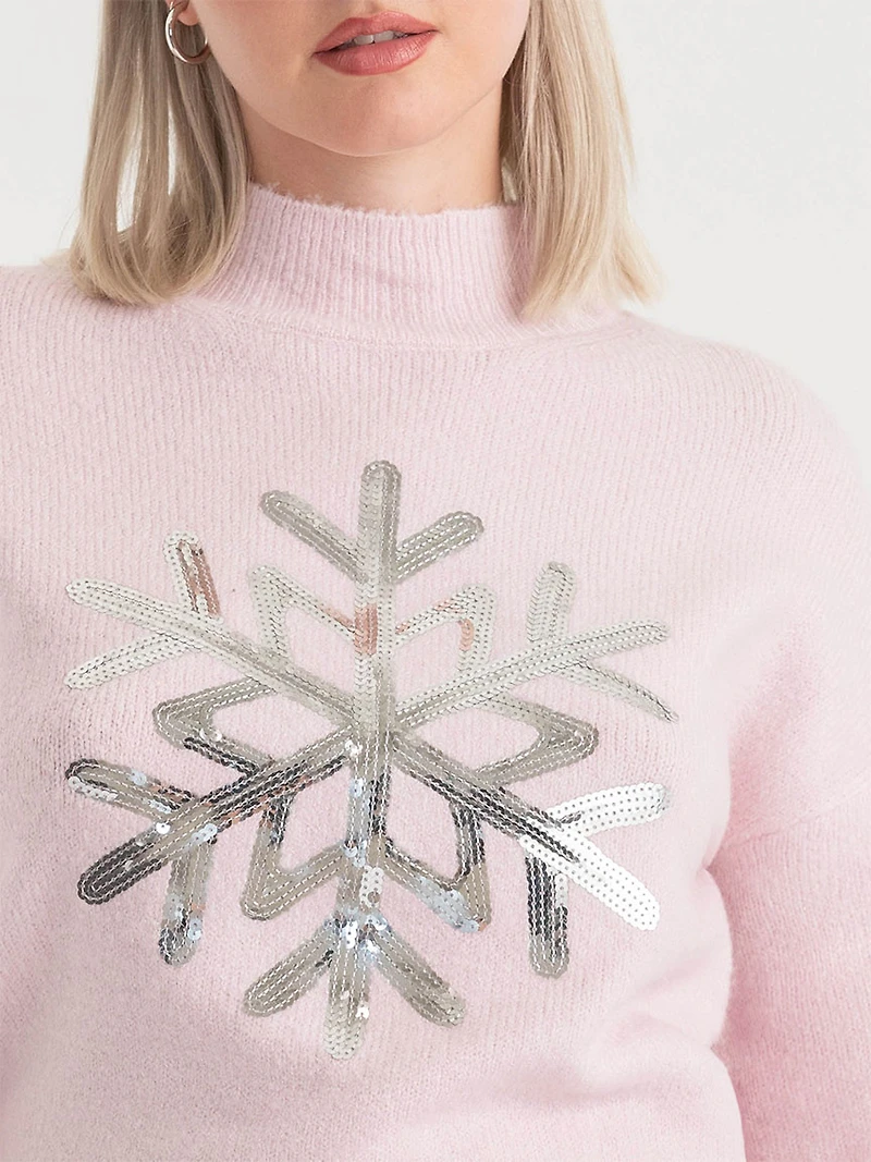 Mock Neck Balloon Sleeve Sweater Lilac Sequin Snowflake
