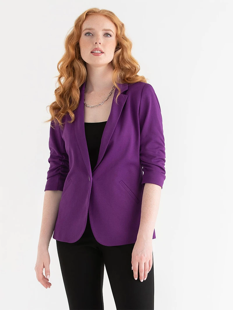 Hampton Three-Quarter Ruched Sleeve Ponte Blazer Purple Magic